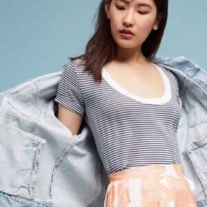 Anthropologie Blue and White Striped T-Shirt Size Large NEW